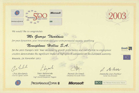 EUROPE’S 500 JOB CREATING COMPANIES AWARD 2003